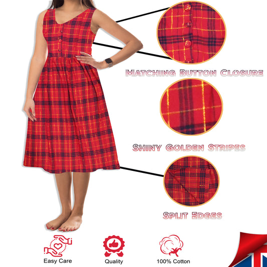 Women's Cotton Check Midi Dress Red Sleeveless Zigster