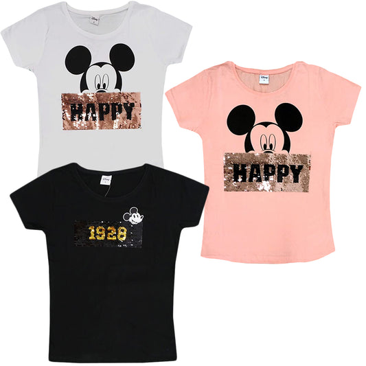Disney Minnie Mickey Mouse Women's T-Shirt with Two Sides Sequins design Cotton Classic Slim fit