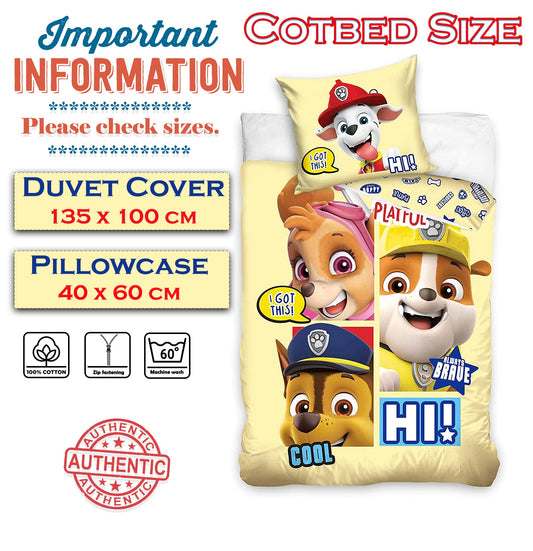 Paw Patrol Baby Cot Bed Duvet Cover with Pillowcase 100x135+40x60 cm 100% Cotton